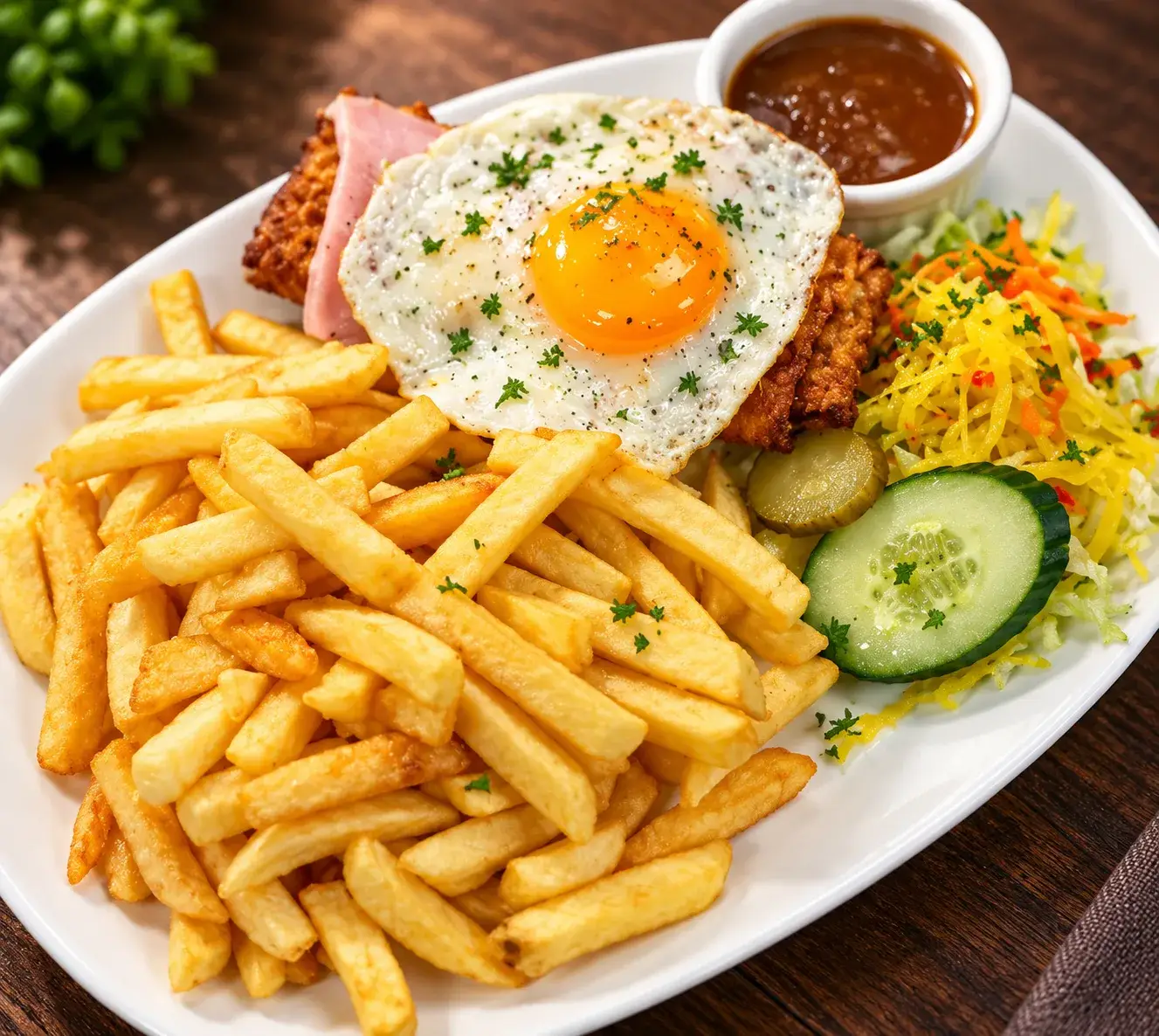 Loempia speciaal met ham, gebakken ei en friet