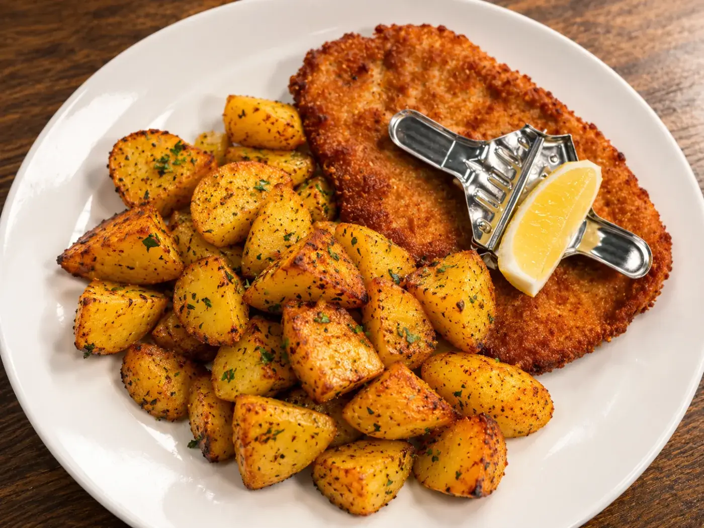 Schnitzel naturel met gebakken aardappelen